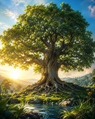 Un árbol grande creciendo fuerte y vivo junto al agua