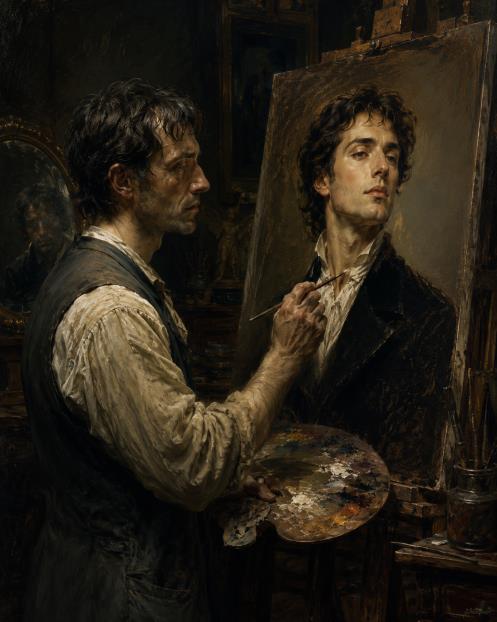 Un artista pintando un retrato que representa una versión idealizada de sí mismo