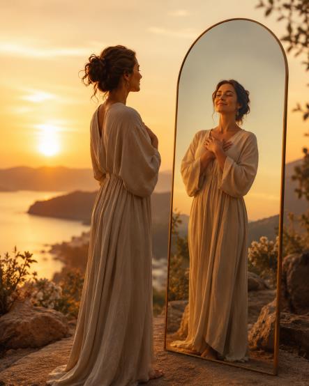 Una mujer mirándose con amor en un espejo al atardecer